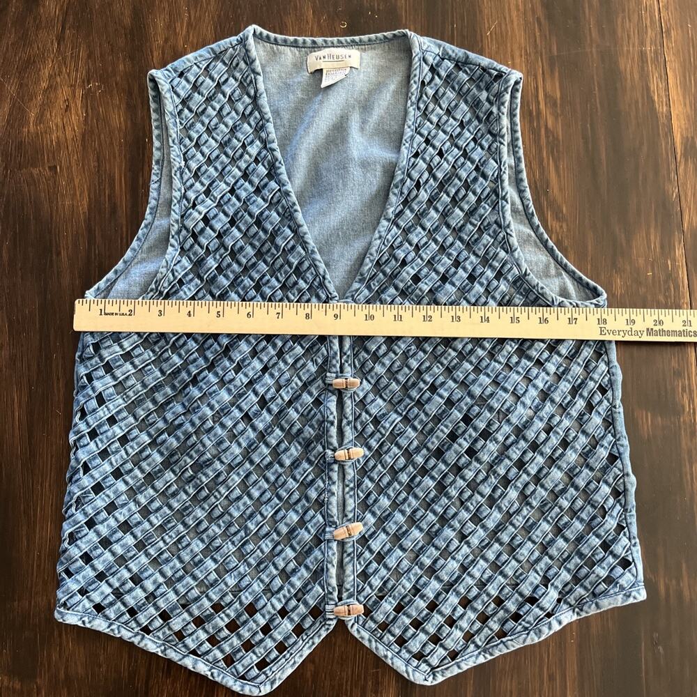 Vintage Woven Lattice Denim Vest Wood Toggle Button Boho Cowgirl Cottagecore M - Picture 12 of 13